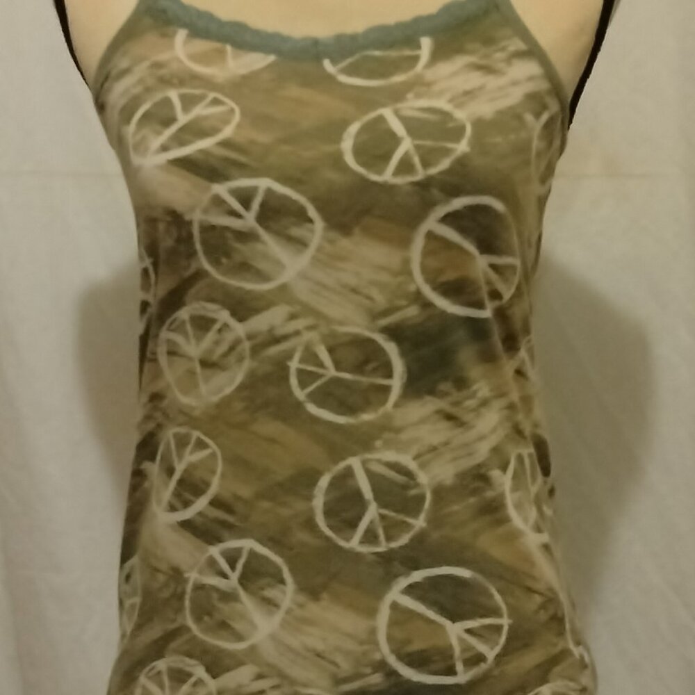 Spaghetti strap camo with white peace signs Tee